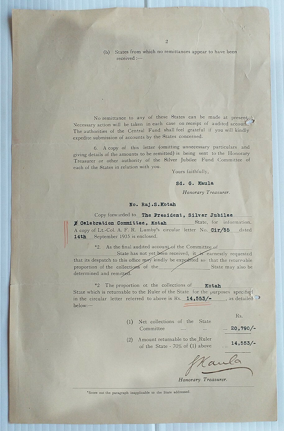 India 1935 Silver Jubilee Fund used signed letterhead