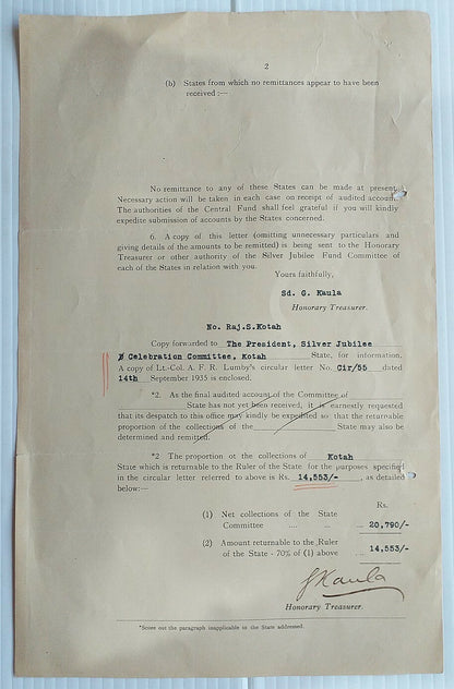 India 1935 Silver Jubilee Fund used signed letterhead