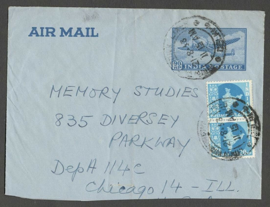 AOPIMT India 90np Airmail envelope uprated Map 20np pair (1.40 rate) to USA