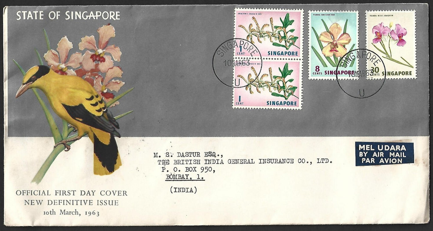 (AOP) Singapore 1963 Flower definitves FDC to India