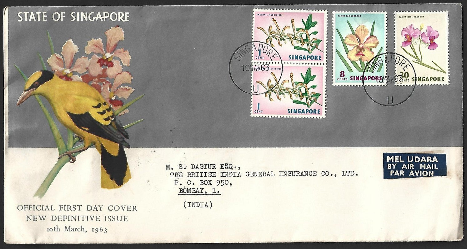 (AOP) Singapore 1963 Flower definitves FDC to India