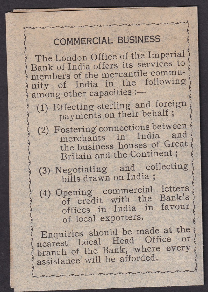 IMPERIAL BANK OF INDIA London Office advertisement card