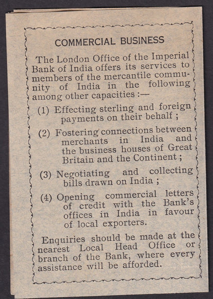 IMPERIAL BANK OF INDIA London Office advertisement card