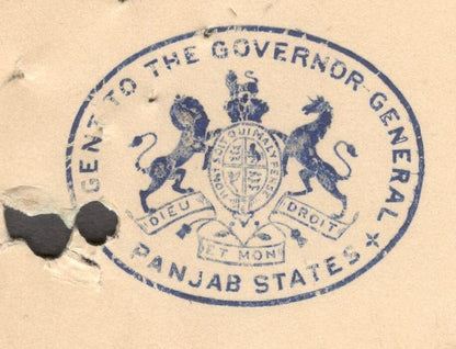 India 1922 crested letter AGENT TO THE GOVERNOR GENERAL / PANJAB STATES Lahore