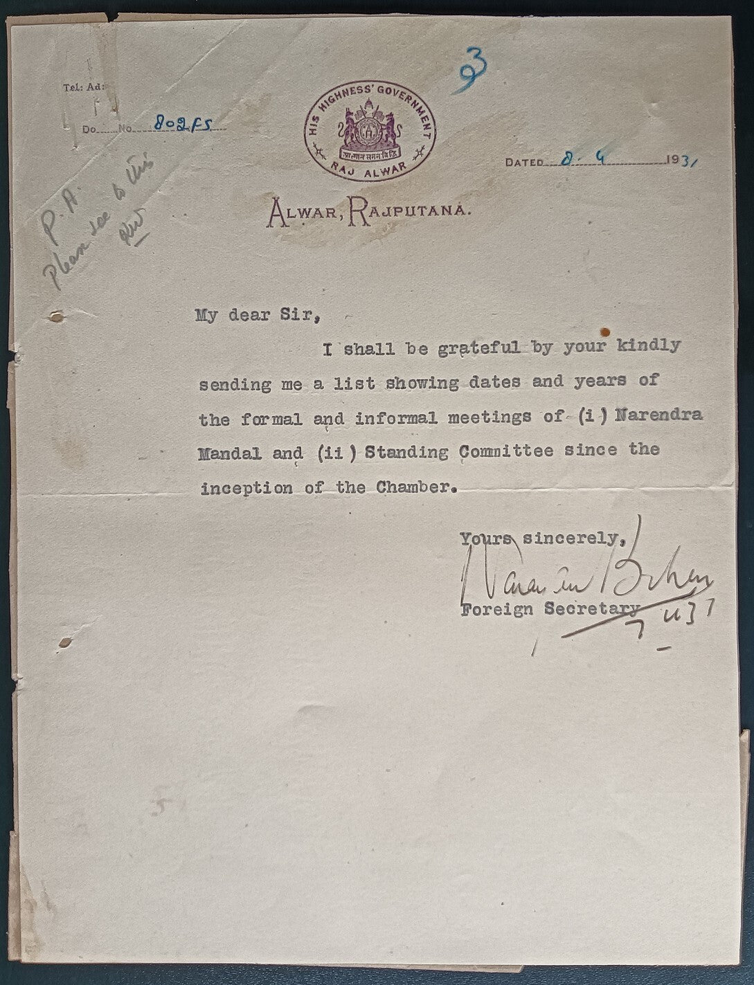 India 1929 crested letter HIS HIGHNESS' GOVERNMENT / RAJ ALWAR