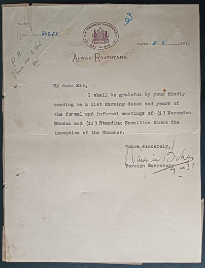 India 1929 crested letter HIS HIGHNESS' GOVERNMENT / RAJ ALWAR