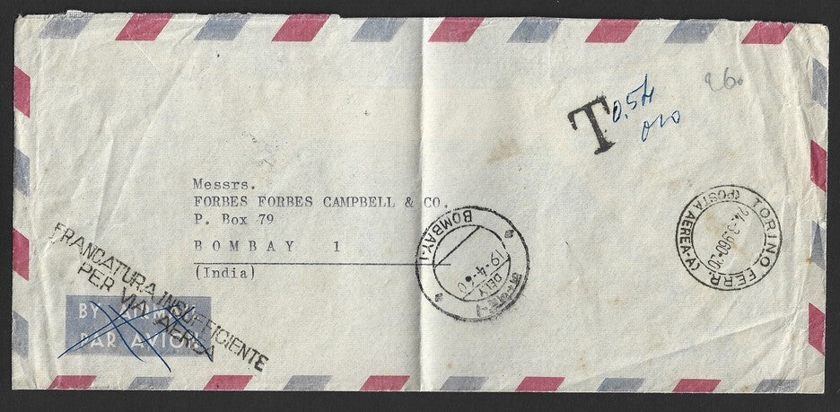Italy stampless Airmail cover to India FRANCATURA INSUFFICIENTEE PER VIA AEREA