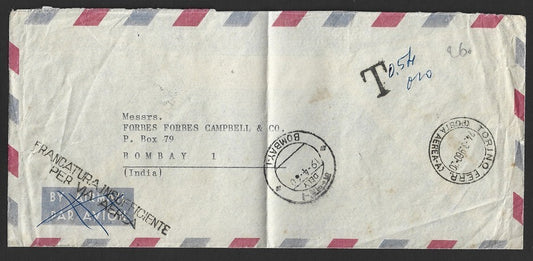 Italy stampless Airmail cover to India FRANCATURA INSUFFICIENTEE PER VIA AEREA
