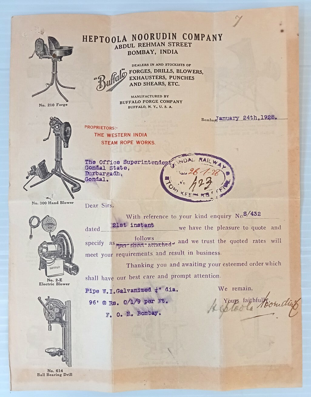 AOP Buffalo Forges, Drills & Blowers Bombay 1928 illustrated billhead India