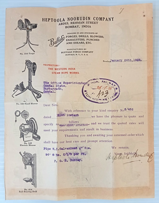 AOP Buffalo Forges, Drills & Blowers Bombay 1928 illustrated billhead India