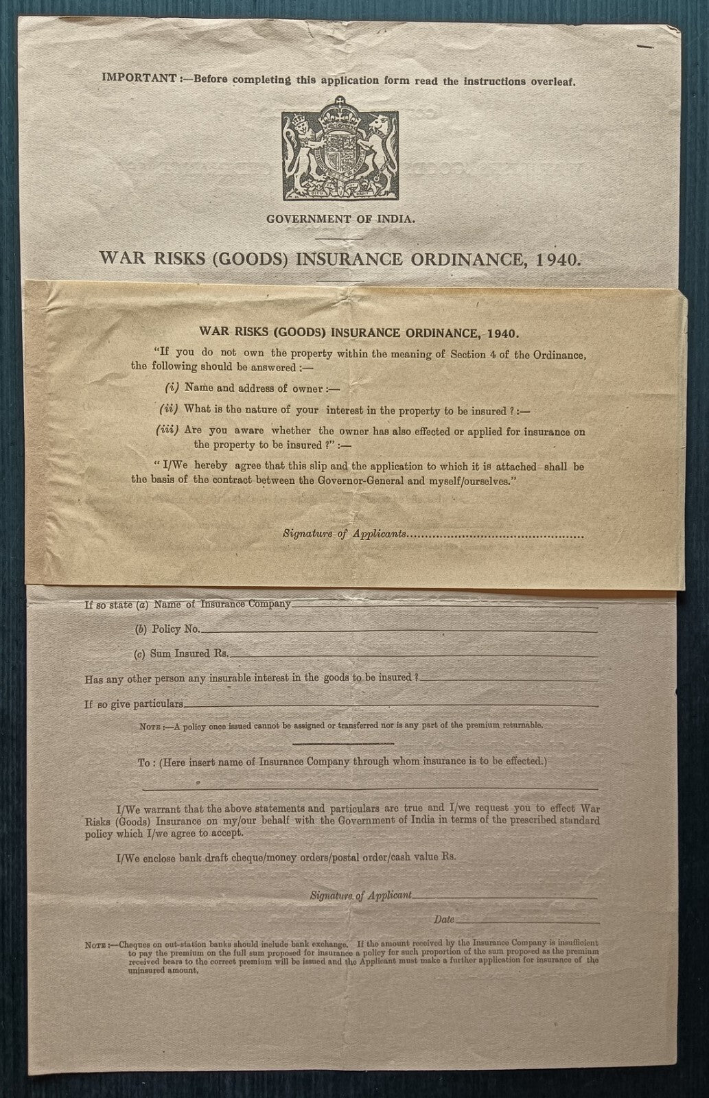 India WW2 1940-42 WAR RISKS (GOODS) INSURANCE ORDINANCE documents