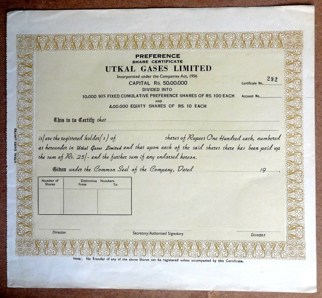 India Utkal Gases Limited share certificate