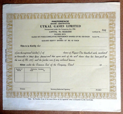 India Utkal Gases Limited share certificate