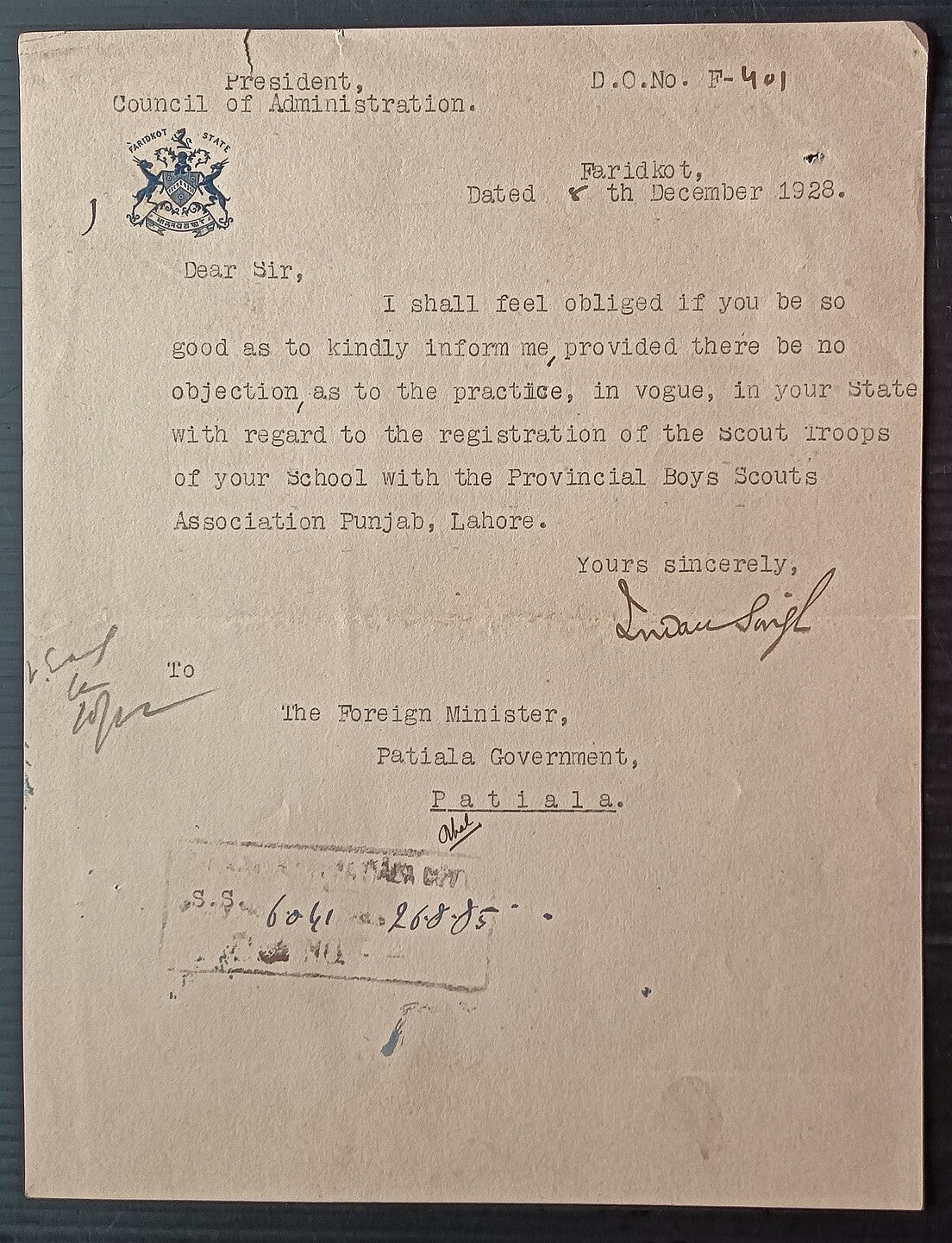 India 1928 crested letter FARIDKOT STATE