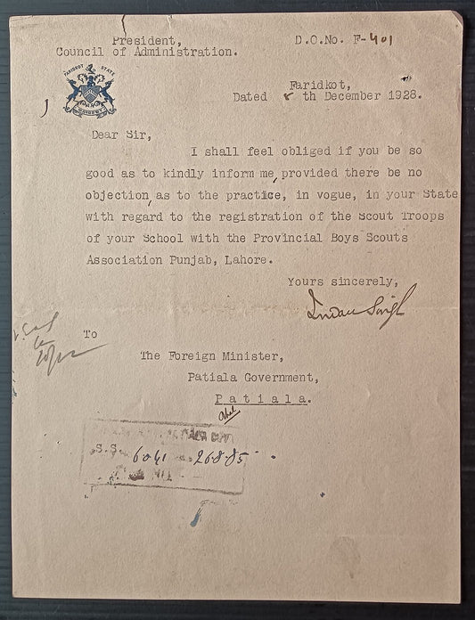 India 1928 crested letter FARIDKOT STATE
