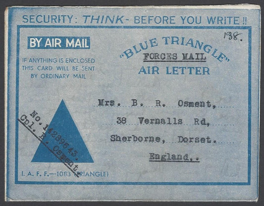 AOP India WW2 IAFF  BLUE TRIANGLE air letter to UK