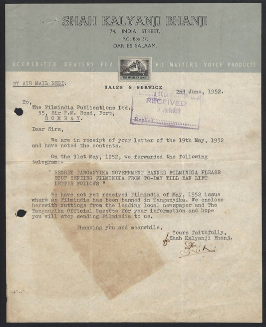 India Bollywood 1952 letter stating that FILMINDIA has been BANNED in Tanganyika