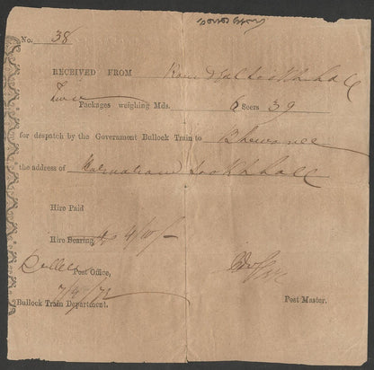 AOP India 1872 BULLOCK TRAIN parcel receipt PALLEE