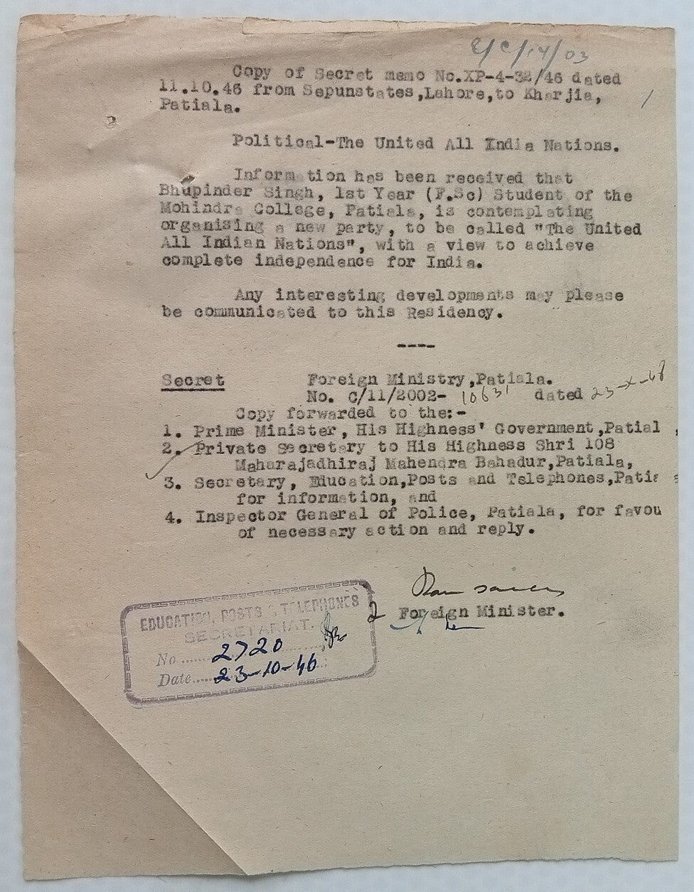 British India 1946 secret official letters - new political party wanting freedom