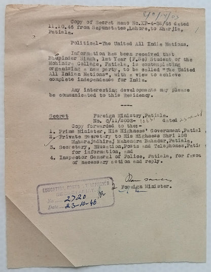 British India 1946 secret official letters - new political party wanting freedom