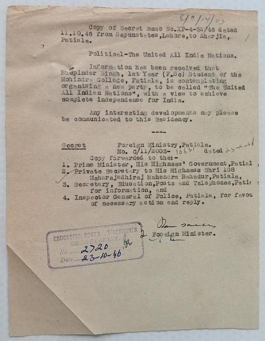 British India 1946 secret official letters - new political party wanting freedom