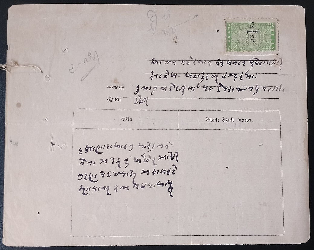 India Gondal State revenue 1a on 4a green – overprint inverted on small document