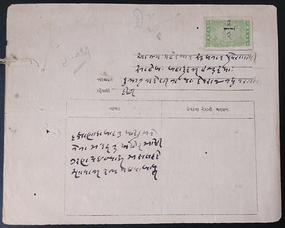 India Gondal State revenue 1a on 4a green – overprint inverted on small document