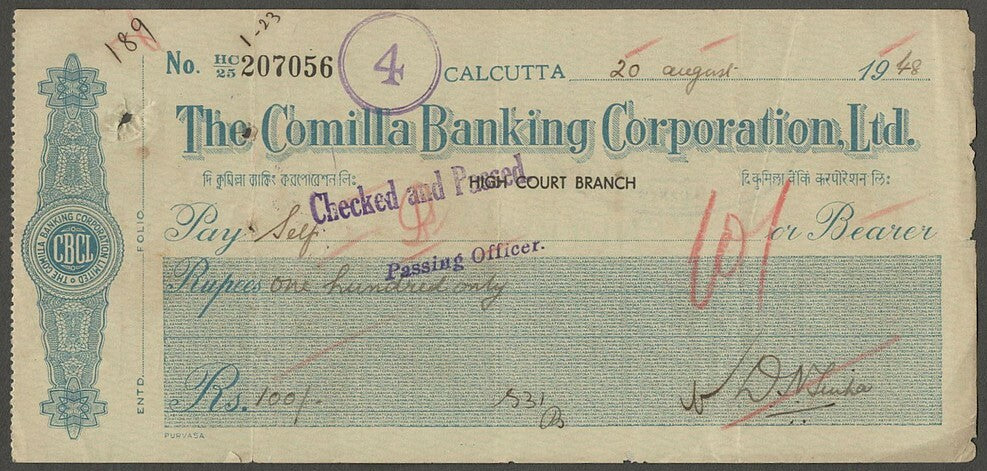 India 1944-1949 check cheques The Comilla Banking Corporation Ltd.(3) Calcutta