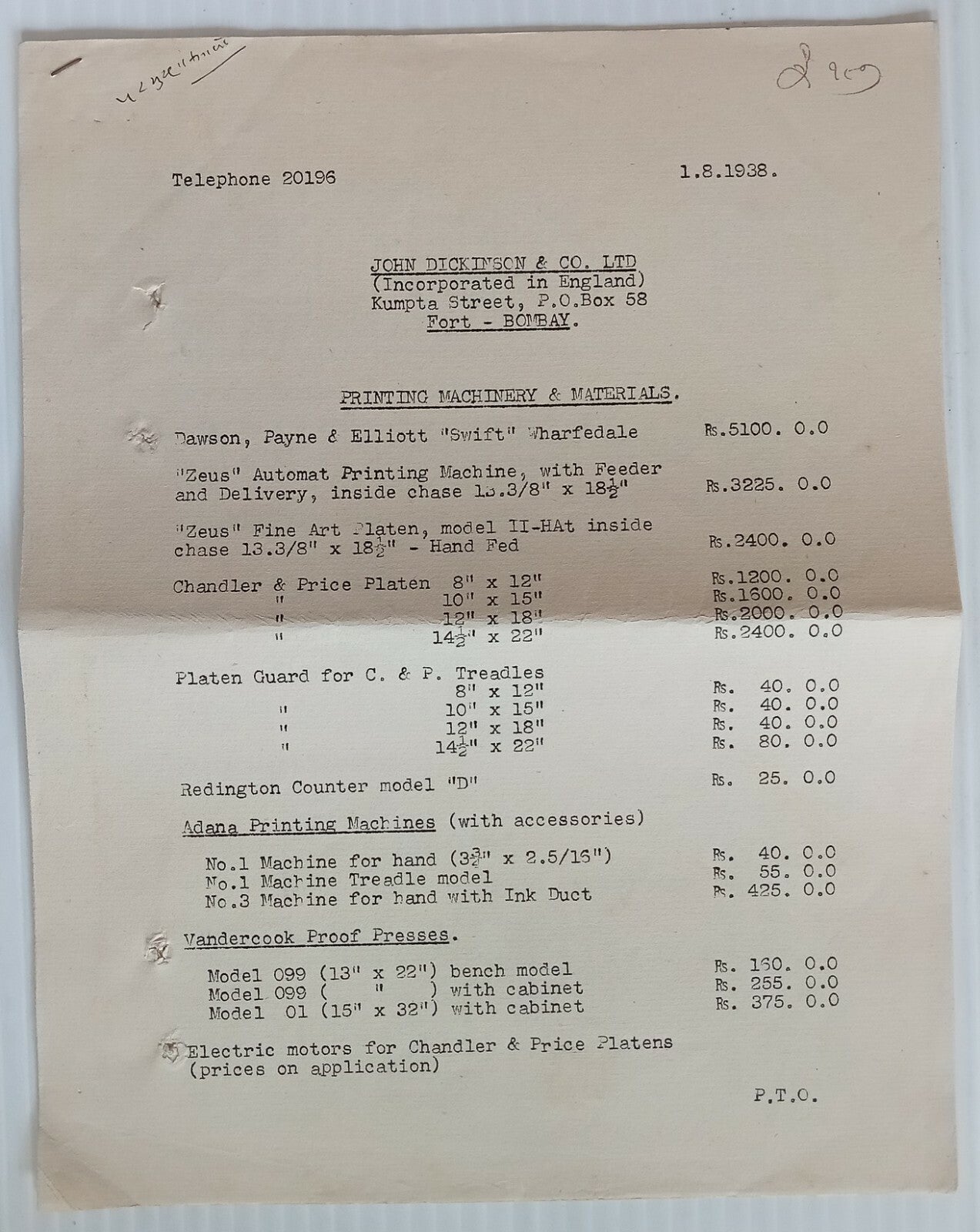 AOP India 1938 John Dickinson & Co. Printing Machinery & Materials price list