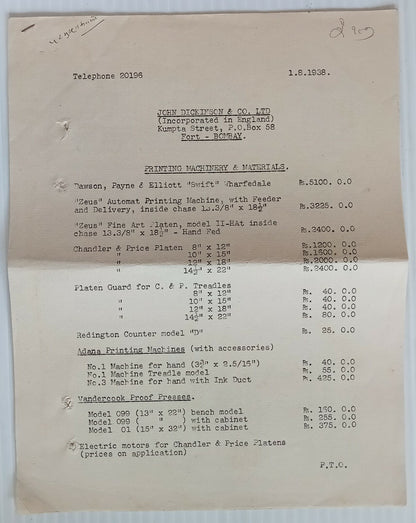 AOP India 1938 John Dickinson & Co. Printing Machinery & Materials price list