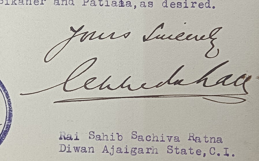 AJAIGARH STATE, India 1942 crested letter signed by the Diwan