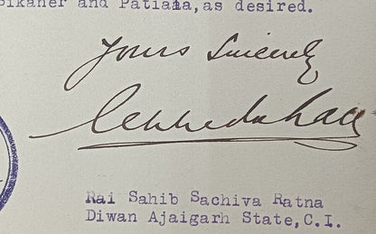 AJAIGARH STATE, India 1942 crested letter signed by the Diwan