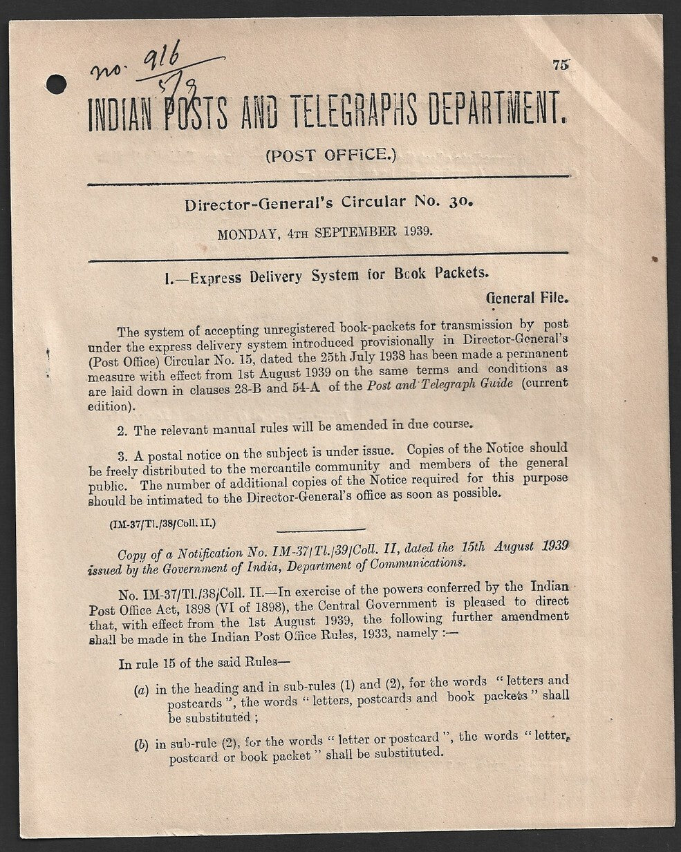 India 1939 POSTAL NOTICE Express Delivery System for Book Packets