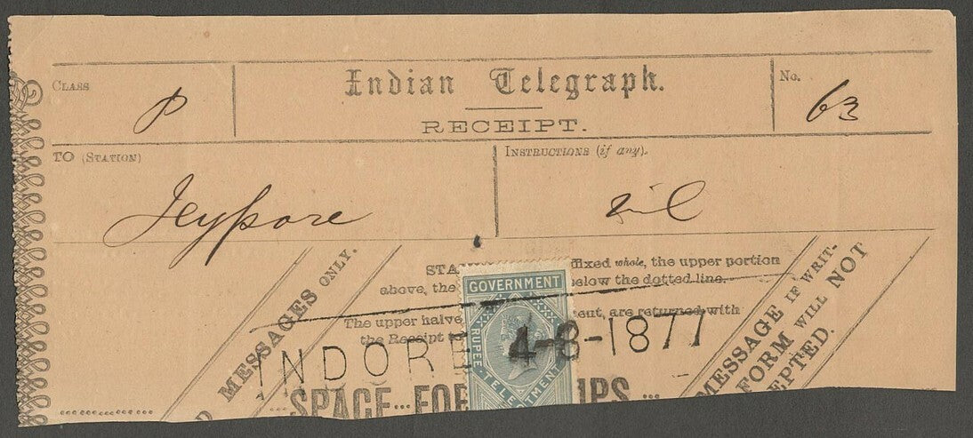 AOP India QV Telegraph stamp on 1877 INDORE Telegraph receipt