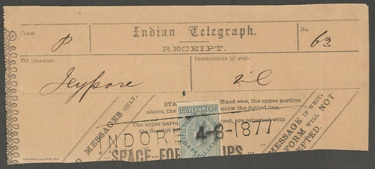 AOP India QV Telegraph stamp on 1877 INDORE Telegraph receipt