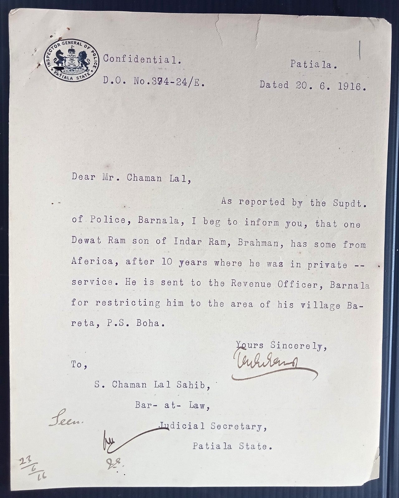 India 1916 PATIALA STATE POLICE crest letter Enquiry about an Africa returnee