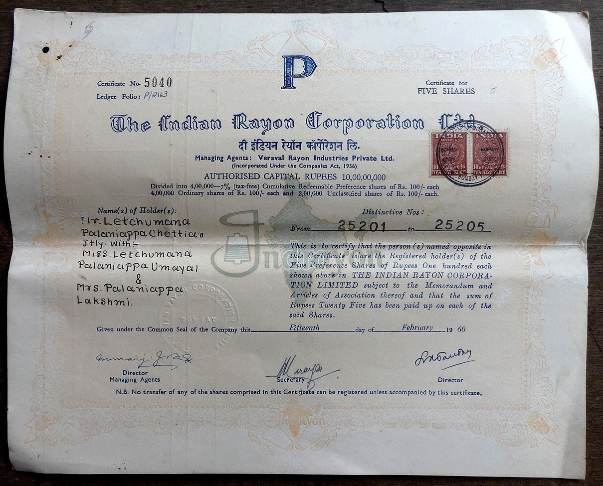 India 1960 Indian Rayon Corporation share certificate for 5 shares