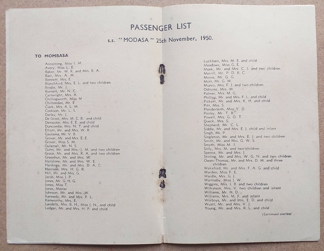 B.I. (British India) LINE S.S. MODASA1950 Passenger List