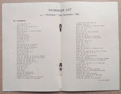 B.I. (British India) LINE S.S. MODASA1950 Passenger List
