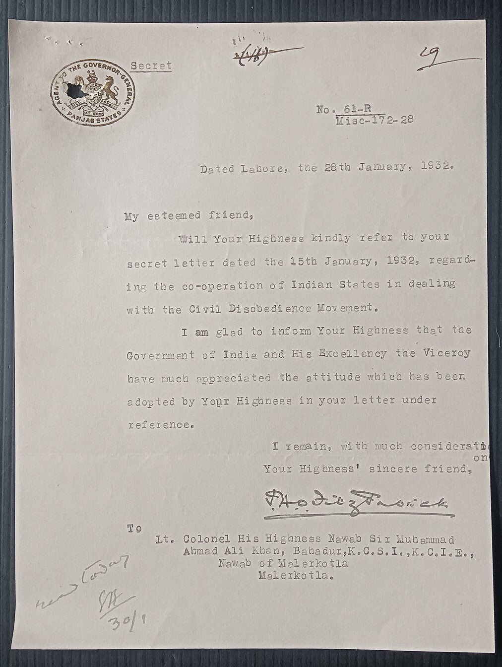 India 1932 crested letter about dealing with the Civil Disobedience Movement