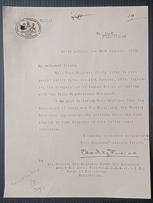 India 1932 crested letter about dealing with the Civil Disobedience Movement