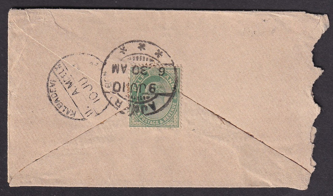 India 1910 cover canc AJMER with 3 stars dc