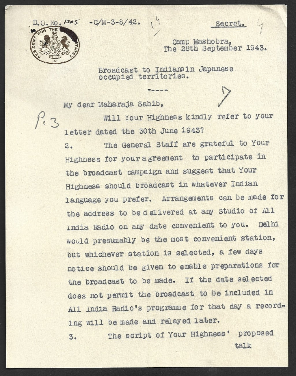 India 1943 BROADCAST TO INDIANS IN JAPANESE OCCUPIED TERRITORIES Official letter