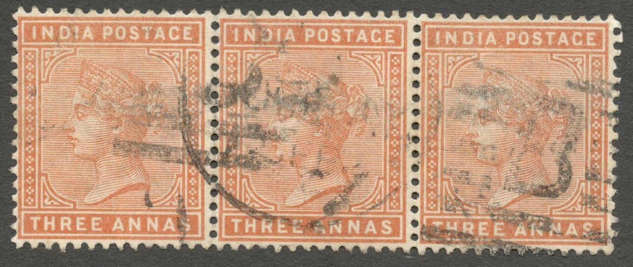 AOP ZAZ India QV Queen Victoria 1882 3a brown orange used strip of 3
