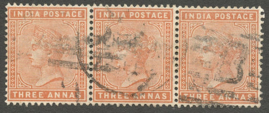 AOP ZAZ India QV Queen Victoria 1882 3a brown orange used strip of 3