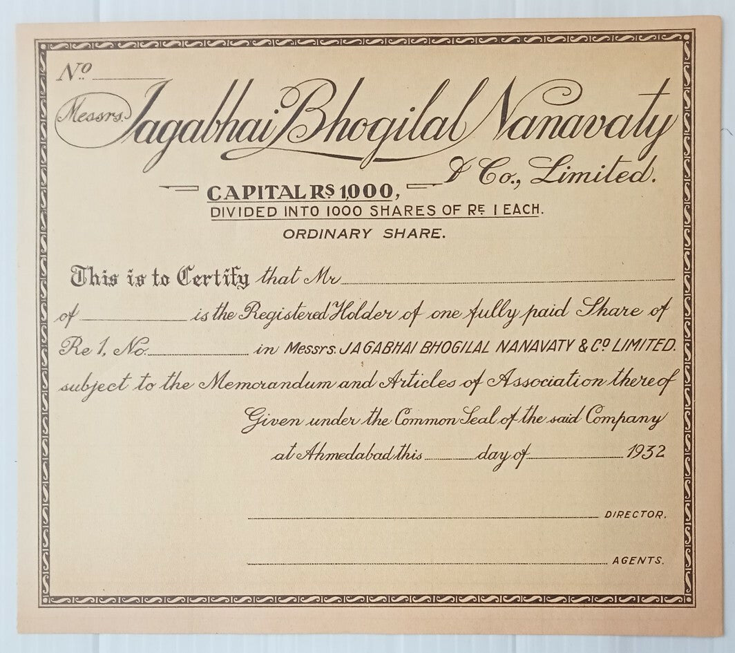 AOP India 1932 share certificate Jagabhai Bhogilal Namavaty & Co. Ltd