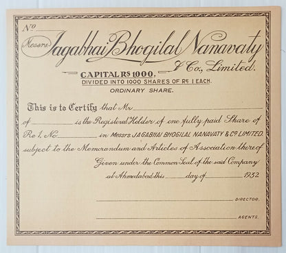AOP India 1932 share certificate Jagabhai Bhogilal Namavaty & Co. Ltd