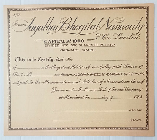 AOP India 1932 share certificate Jagabhai Bhogilal Namavaty & Co. Ltd