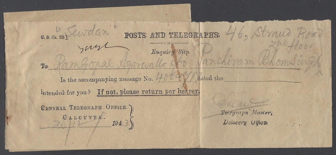 AOP India 1943 Telegraph envelope with contents