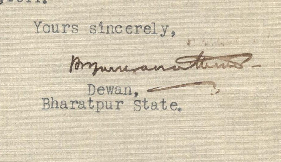 India 1944 crested letter BHARATPUR STATE signed Dewan